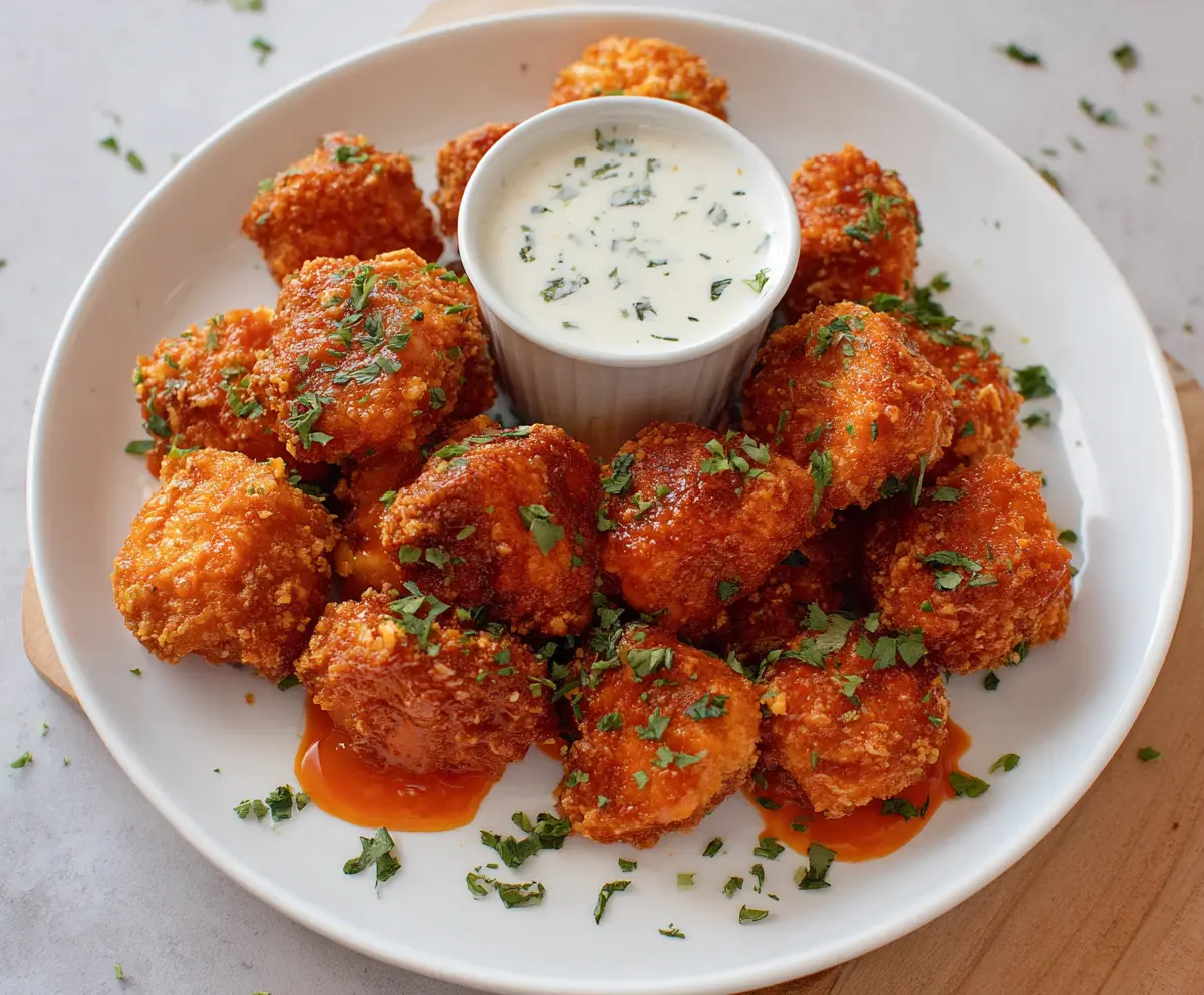 Crispy buffalo chicken bites served with dipping sauce, perfect for snacks or parties.