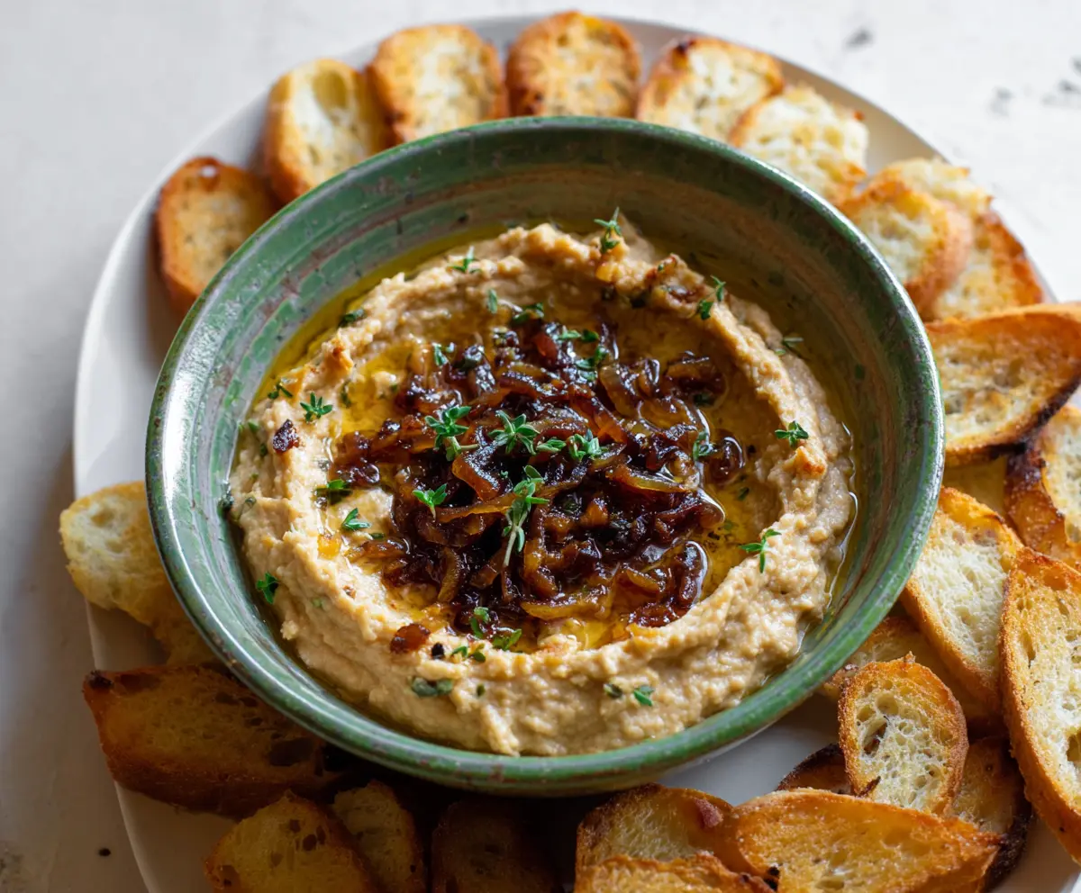 Creamy caramelized onion white bean dip served with fresh vegetables and pita chips