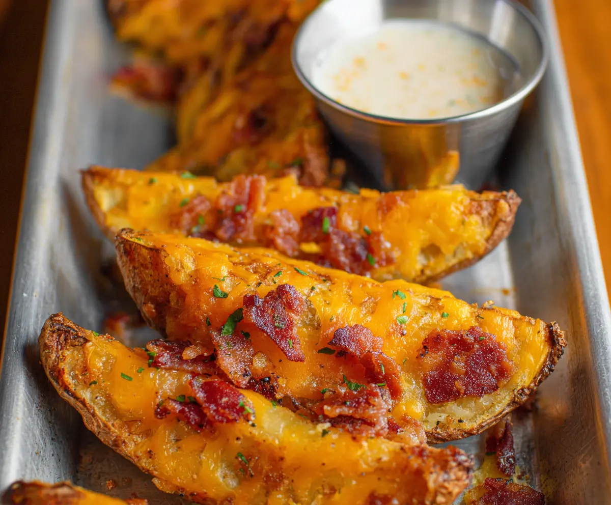 Delicious Cheddar Bacon Potato Wedges on a serving plate, crispy and golden topped with melted cheese and bacon bits.
