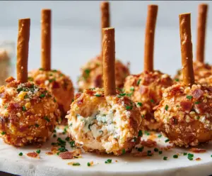 Delicious cheeseball bites appetizer with creamy cheese and savory toppings on a serving platter.