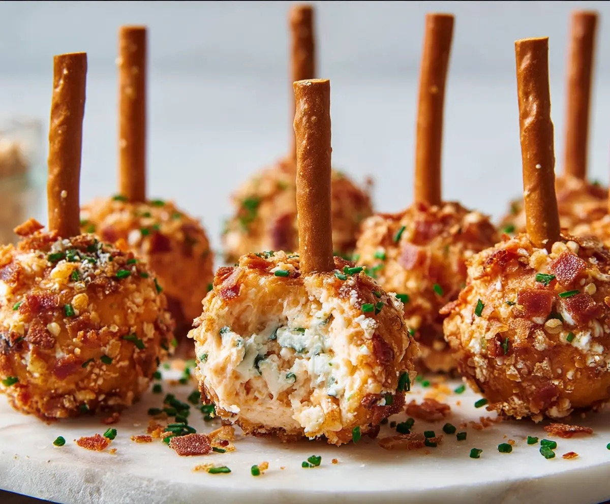 Delicious cheeseball bites appetizer with creamy cheese and savory toppings on a serving platter.
