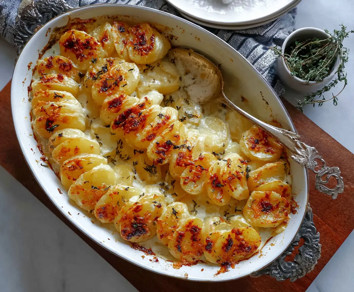 Delicious Cheesy Garlic Butter Potato Bake served hot with melted cheese and golden garlic topping.