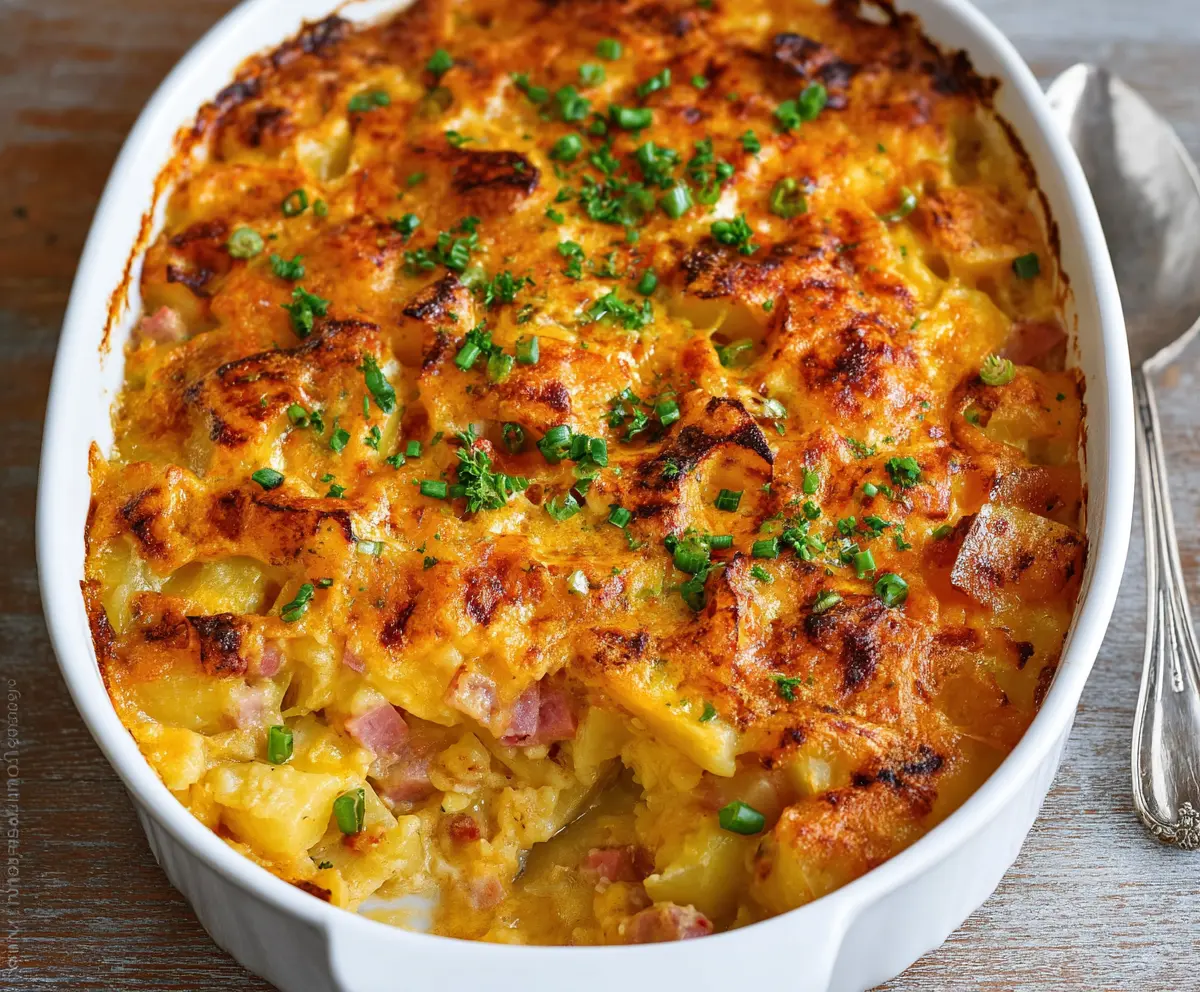 Delicious cheesy ham and potato casserole topped with golden cheese, perfect for family dinner.