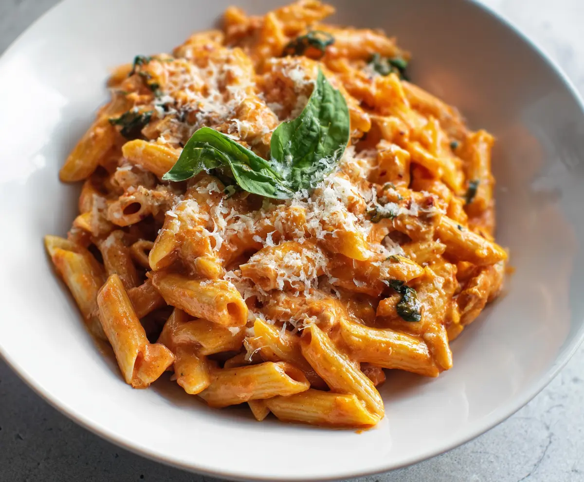 Delicious creamy tomato chicken pasta served on a plate with tender chicken pieces and rich sauce.