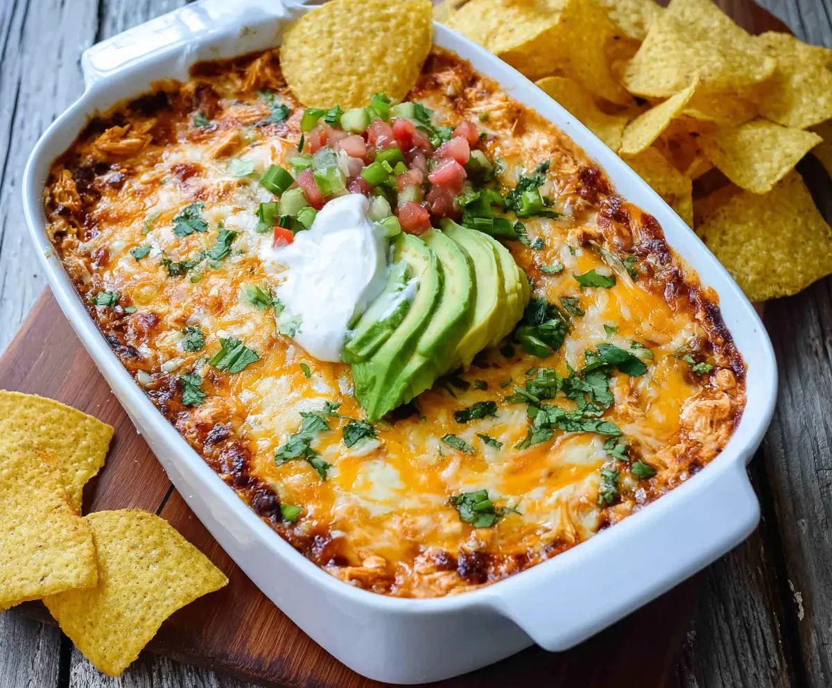 Creamy chicken enchilada dip with melted cheese and tangy sauce served with tortilla chips.