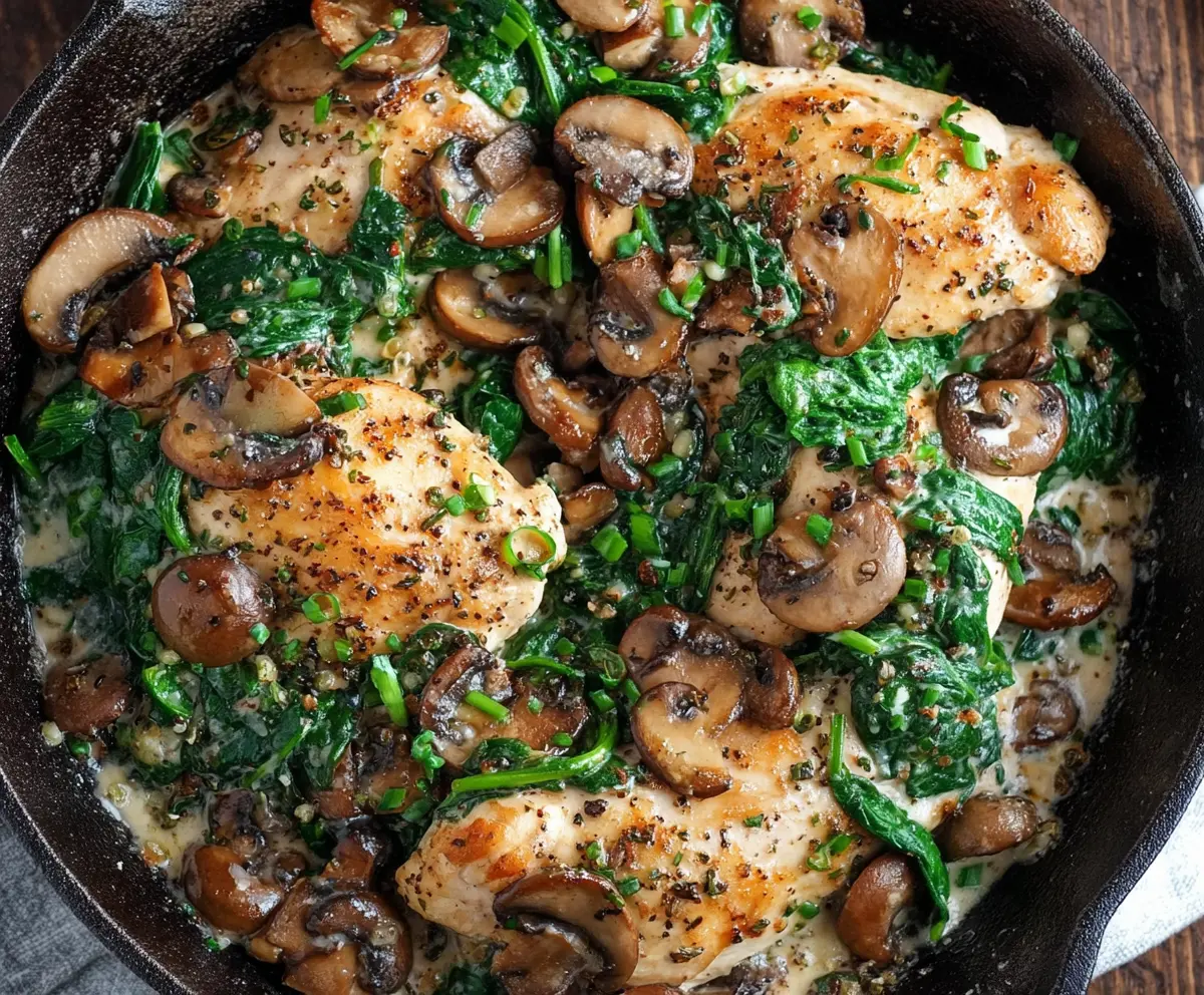 Delicious chicken and mushroom spinach skillet served hot, highlighting fresh ingredients and savory flavors.