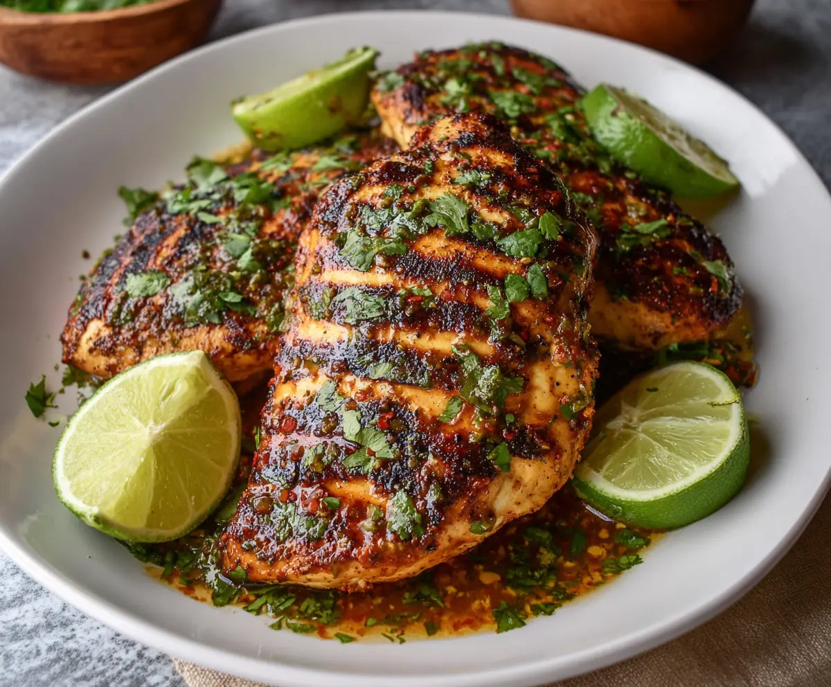 Juicy grilled chili lime chicken breasts garnished with fresh cilantro and lime slices on a rustic wooden table.