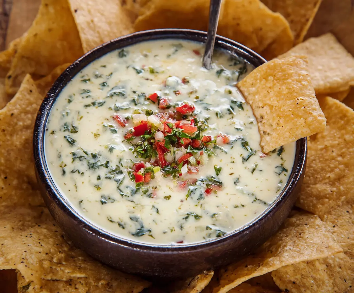 Creamy White Spinach Queso dip served in a bowl, perfect for sharing at parties.
