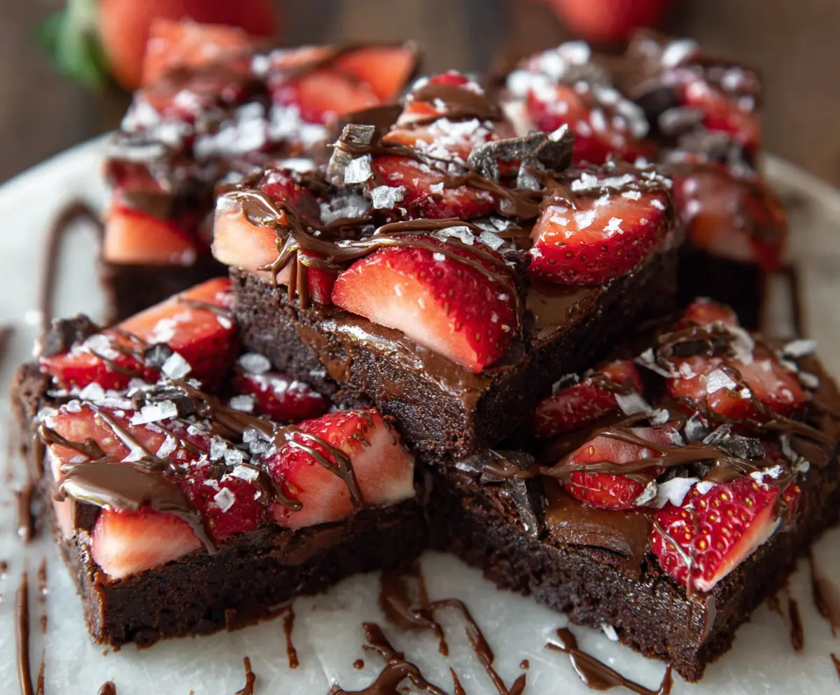 Delicious chocolate-covered strawberry brownies with rich chocolate glaze and fresh strawberries on top.
