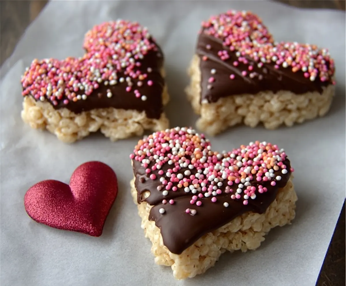Delicious chocolate-dipped Heart Rice Krispies treats perfect for celebrations and Valentine's Day.