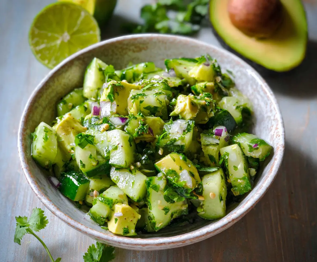 Fresh Cilantro Lime Cucumber Salad with creamy Avocado slices, perfect for summer meals.