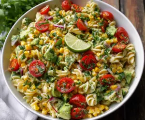Bright Cilantro Lime Pasta Salad with fresh herbs and colorful vegetables