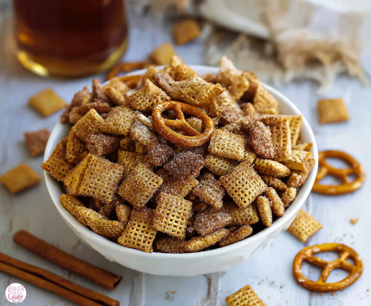 Delicious homemade Cinnamon Sugar Chex Mix in a bowl with cinnamon and sugar coating.