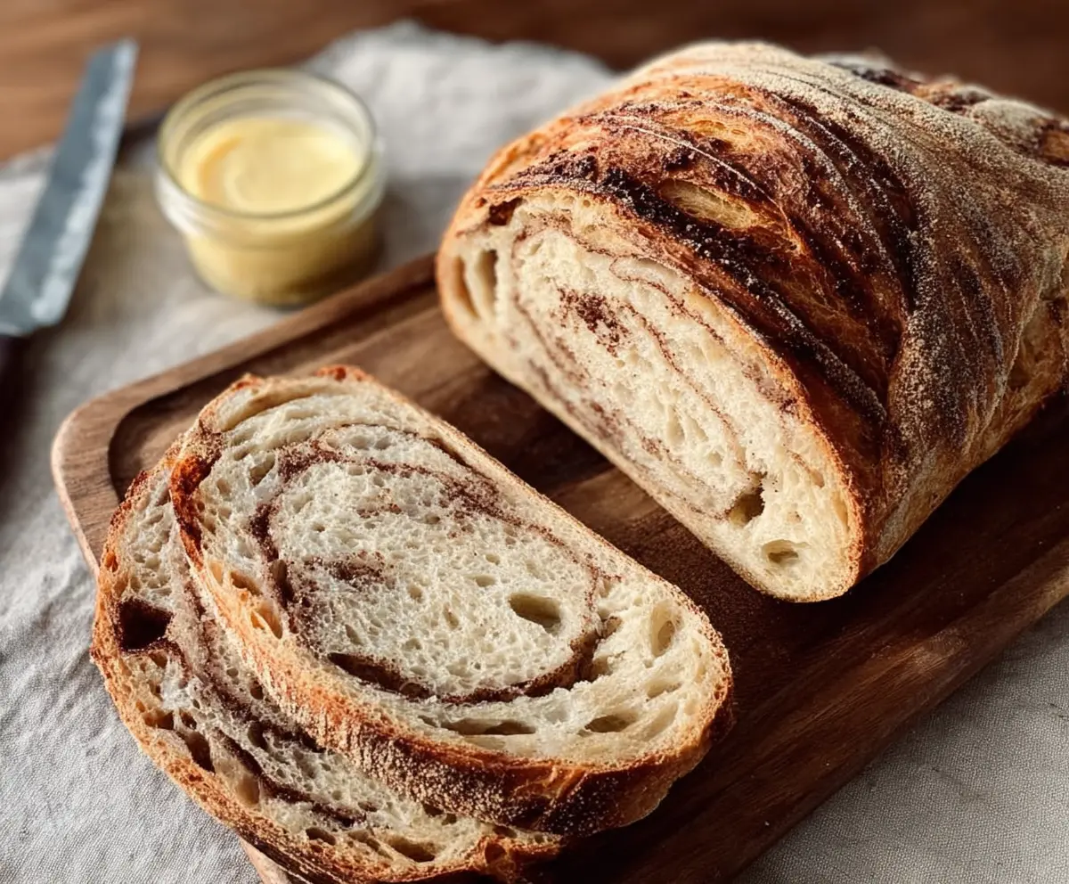 Golden cinnamon sugar swirl sourdough bread sliced to reveal its soft, flavorful interior in a rustic baking dish.