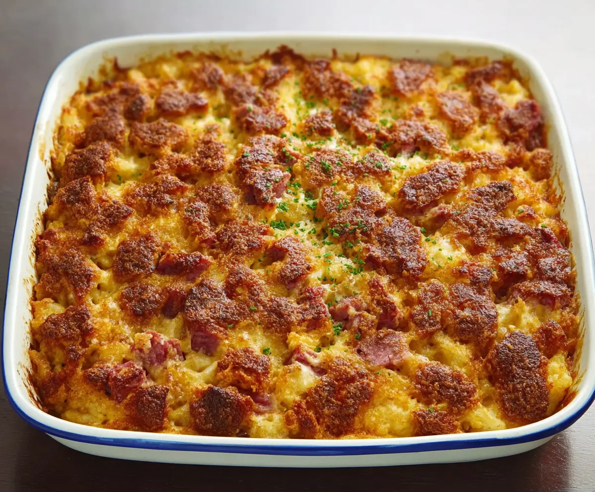 Delicious Corned Beef Casserole topped with melted cheese and fresh herbs.