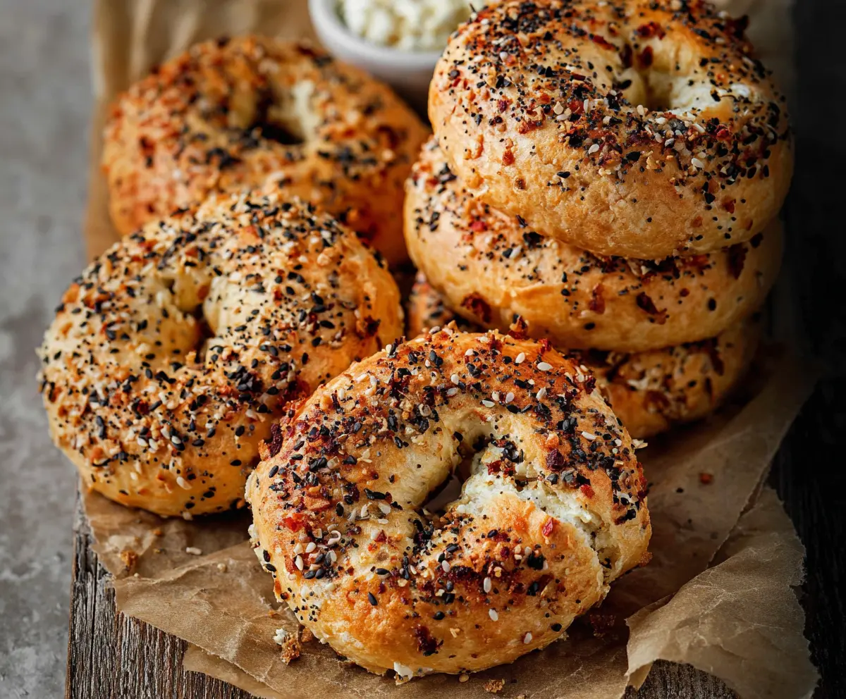 Delicious homemade cottage cheese and almond flour bagels on a rustic wooden surface.