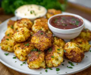 Golden brown Cottage Cheese Cauliflower Tots on a plate, garnished with herbs, perfect as a healthy snack.