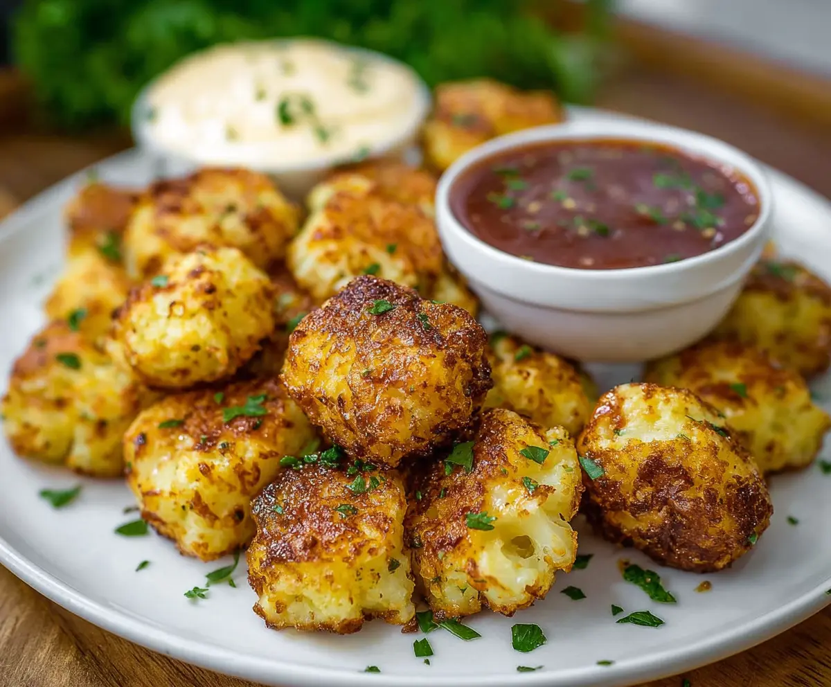 Golden brown Cottage Cheese Cauliflower Tots on a plate, garnished with herbs, perfect as a healthy snack.
