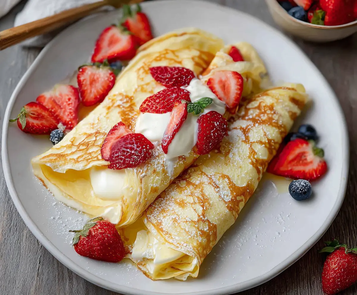 Delicious cottage cheese crepes topped with fresh berries and drizzled with honey, perfect for breakfast or brunch.