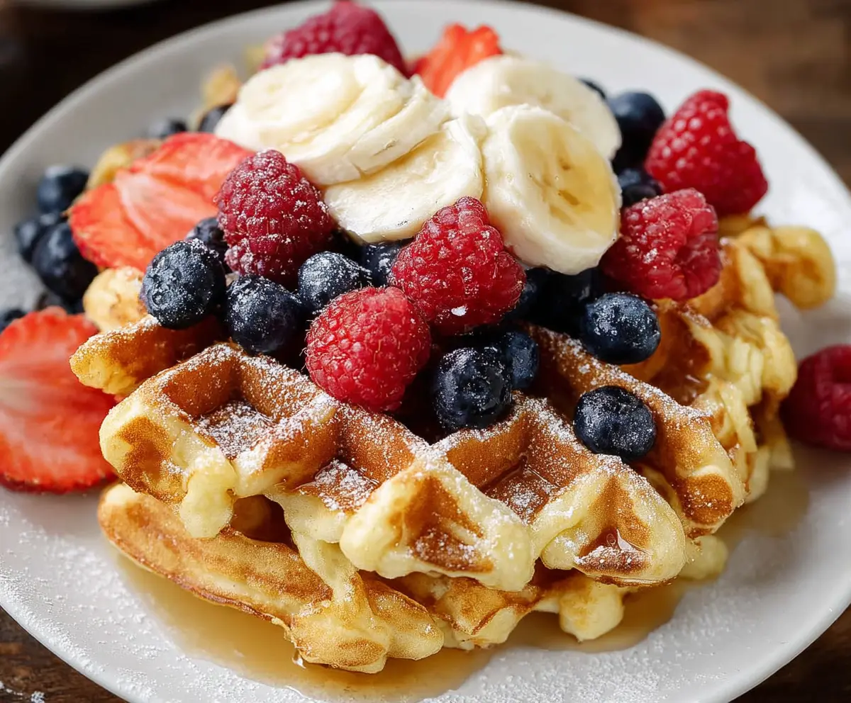 Healthy cottage cheese waffles topped with fresh berries and a drizzle of honey.