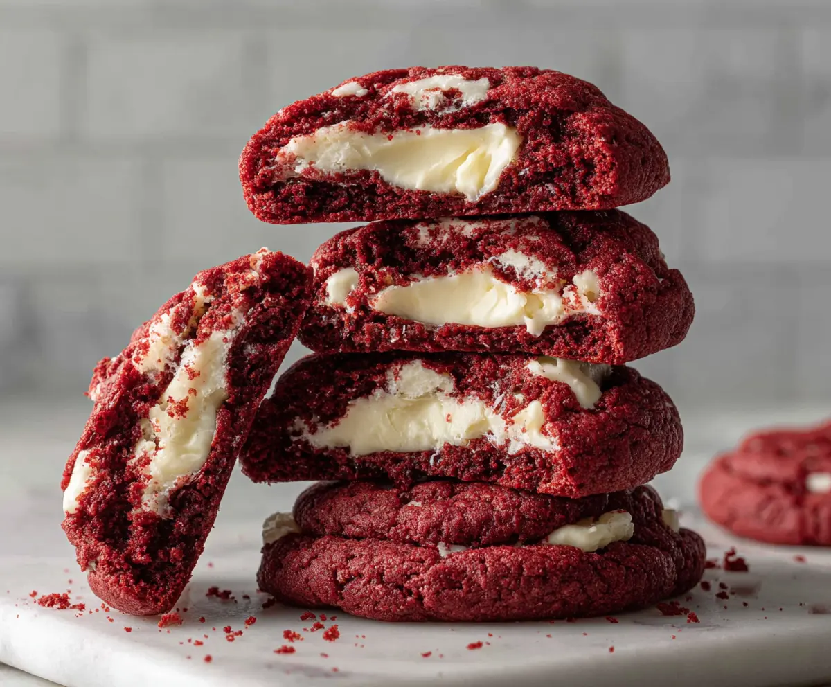 Delicious cream cheese filled red velvet cookies with a soft and moist texture.