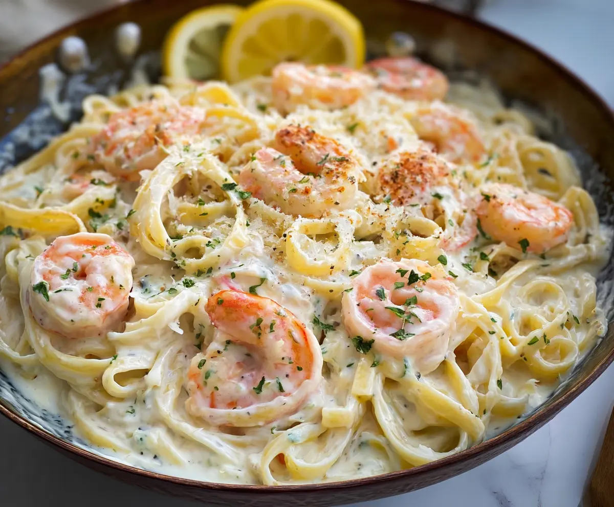 Creamy Alfredo Shrimp Pasta dish with succulent shrimp and rich sauce served on a plate.