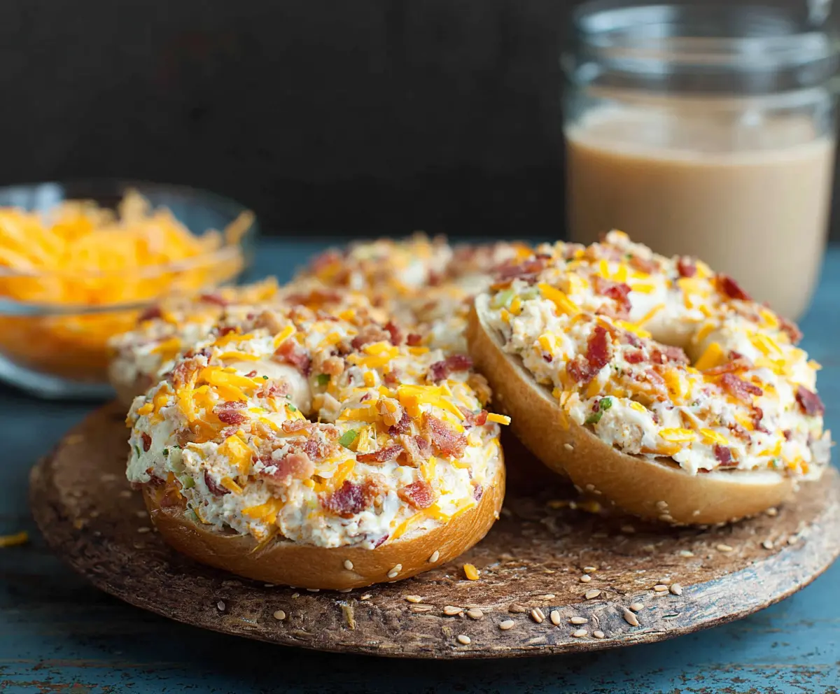 Delicious creamy bacon cheddar bagels topped with crispy bacon and melted cheese.