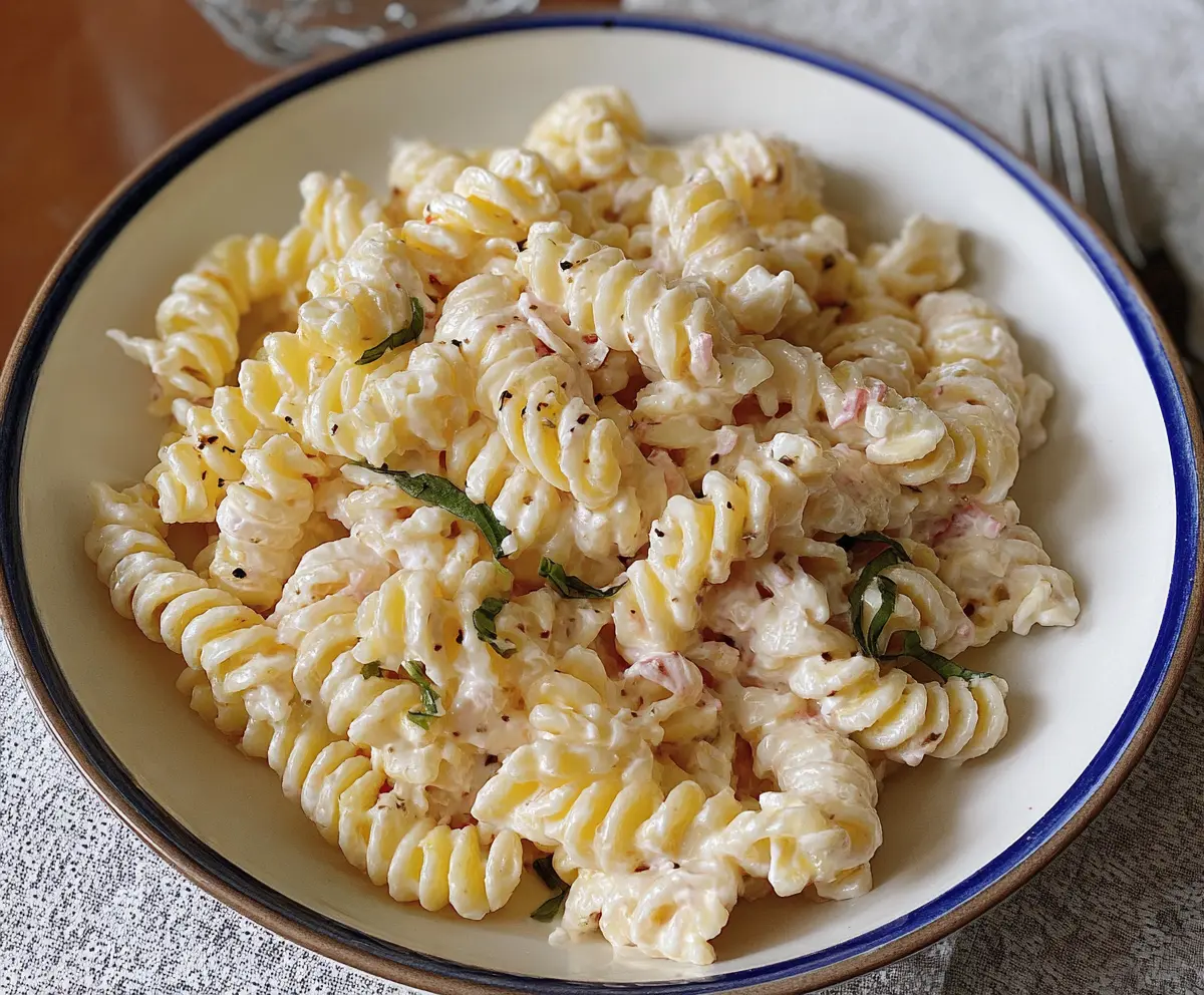 Delicious creamy cottage cheese pasta served on a plate, garnished with herbs for a hearty meal.