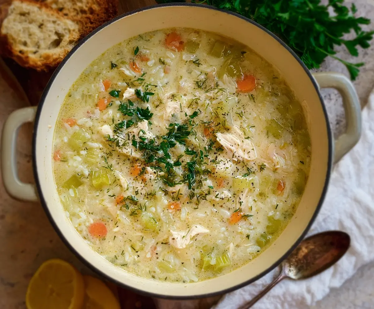 Creamy leek, chicken, and rice soup served in a bowl with fresh herbs.