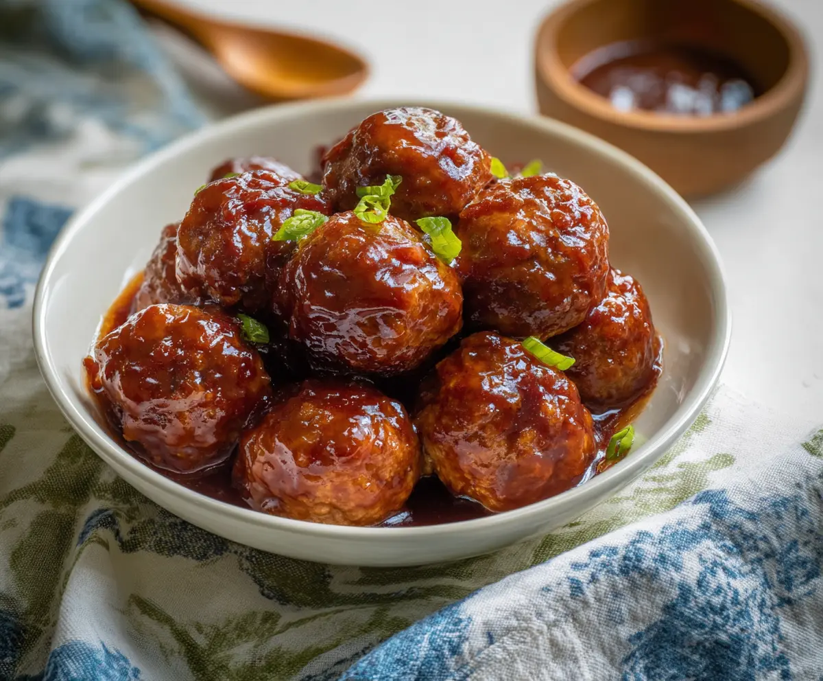 Delicious crock pot BBQ meatballs served with garnishes on a plate.