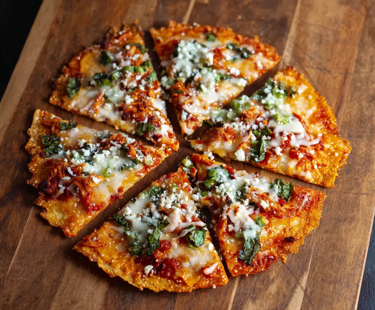 Crunchy Tortilla Pizza topped with melted cheese, jalapenos, and fresh cilantro on a wooden serving board.