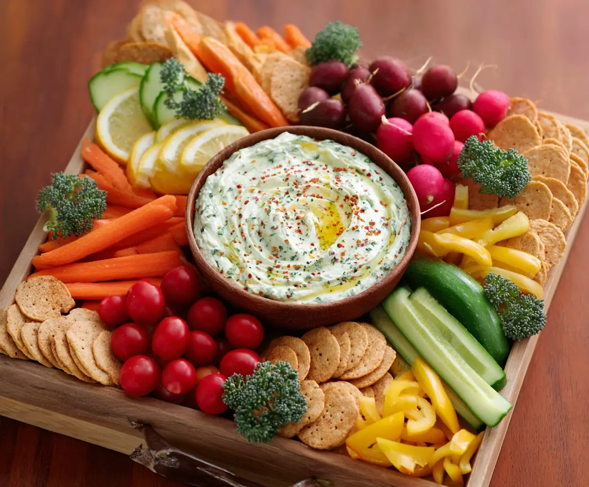 Colorful veggie platter with dip, ideal for healthy snacks and party platters.