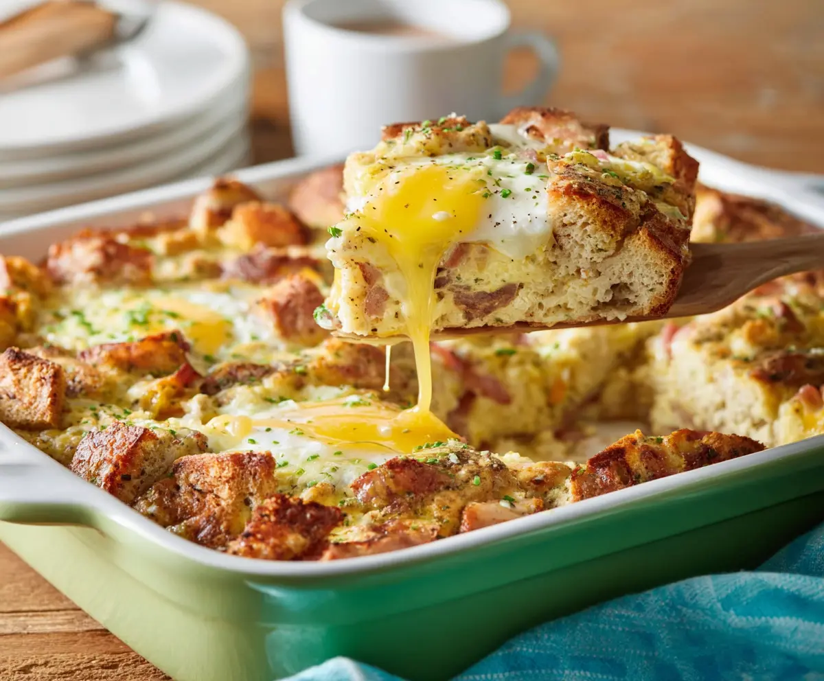 Delicious Easter Breakfast Casserole with eggs, cheese, and ham in a baking dish