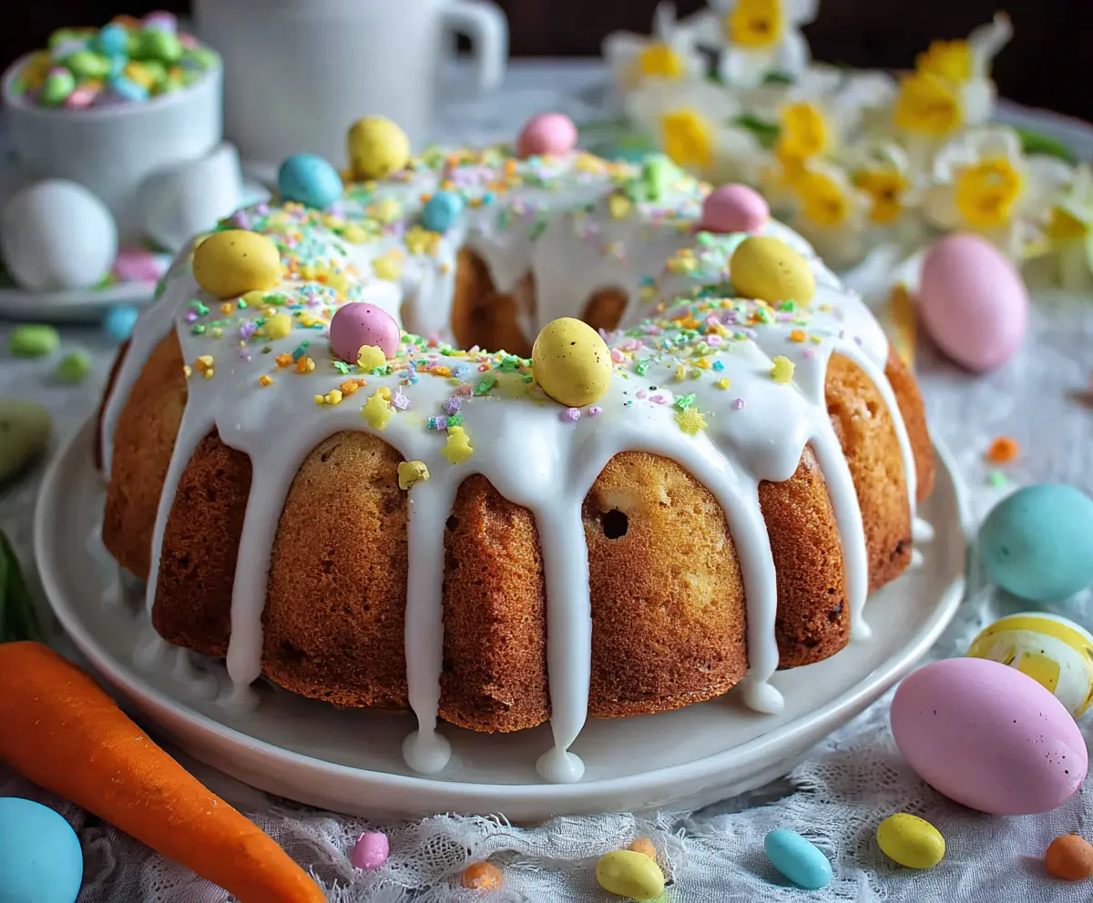 Delicious Easter Bundt Cake decorated with pastel icing and colorful sprinkles, perfect for spring celebrations.