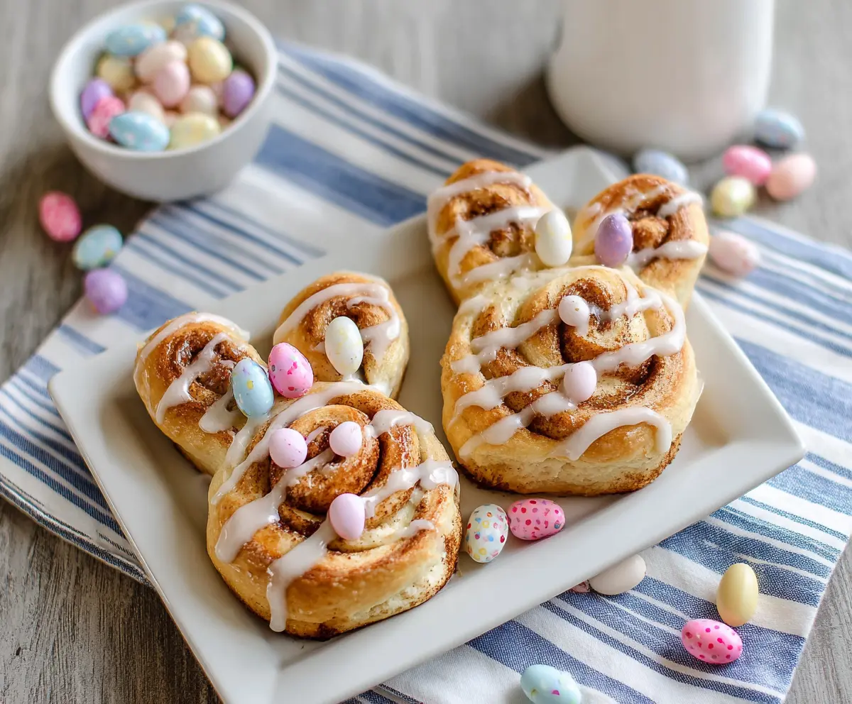 Delicious Easter Bunny Cinnamon Rolls with fluffy dough and sweet cinnamon filling, perfect for spring celebrations.