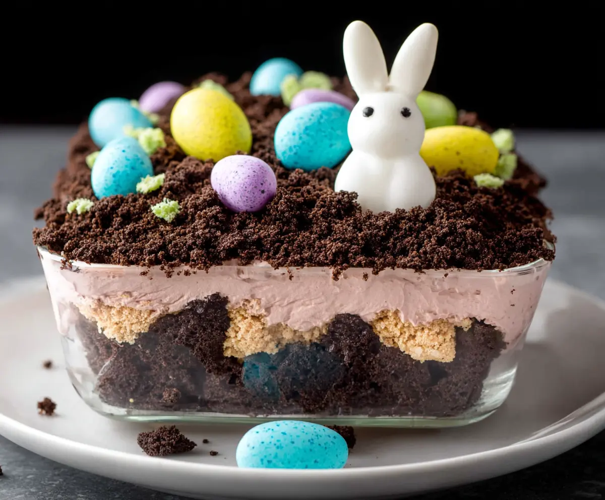 Delicious Easter Dirt Cake with chocolate pudding, crushed cookies, and colorful candy toppings for a festive celebration.