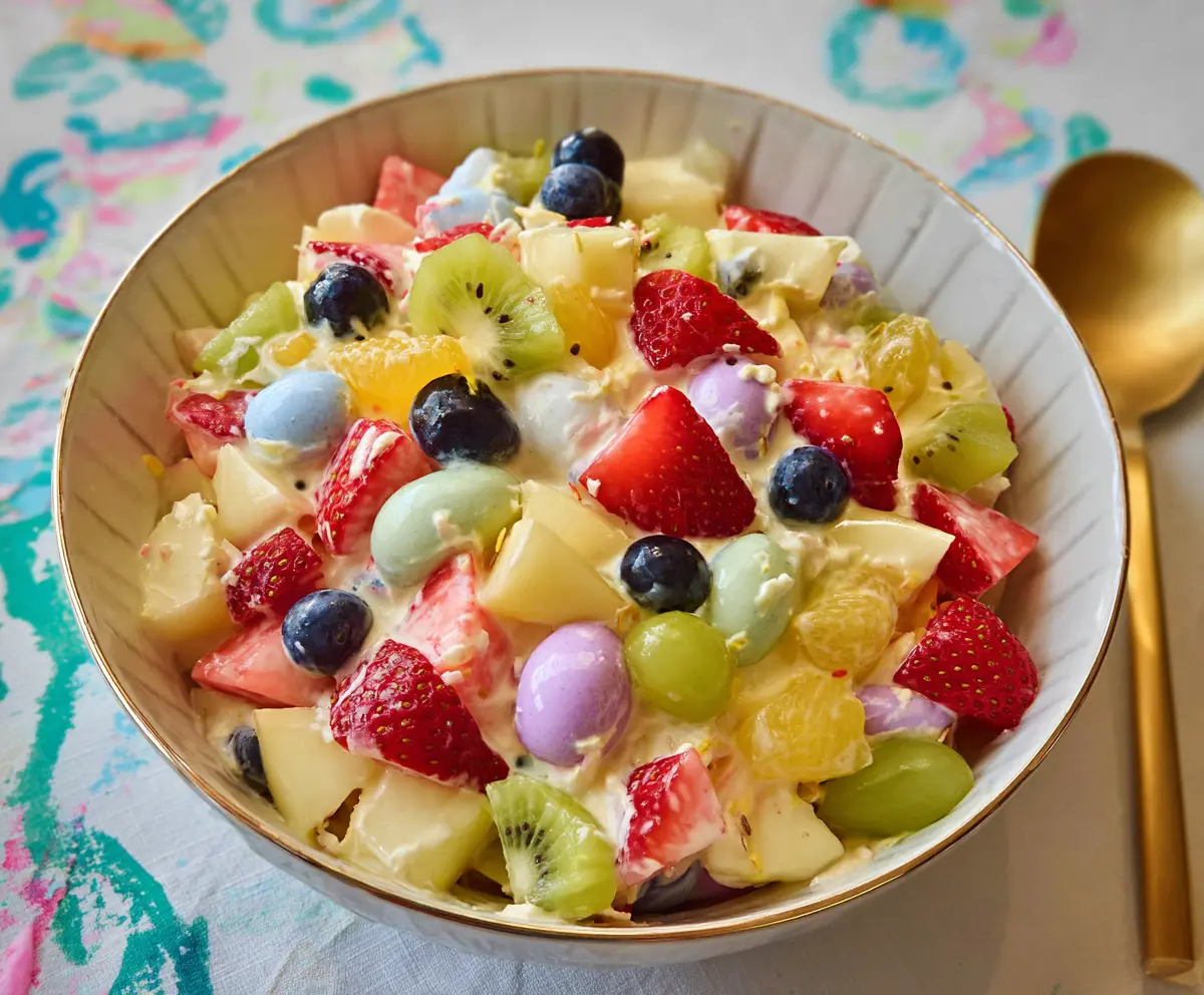 Colorful Easter fruit salad with fresh strawberries, grapes, and pineapple pieces on a festive table.