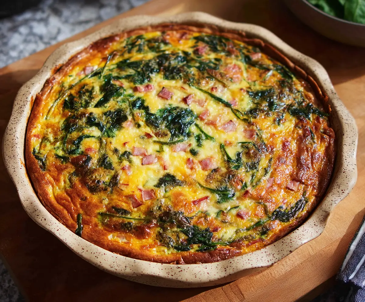 Delicious Easter ham and spinach quiche served in a rustic dish, perfect for brunch or holiday gatherings