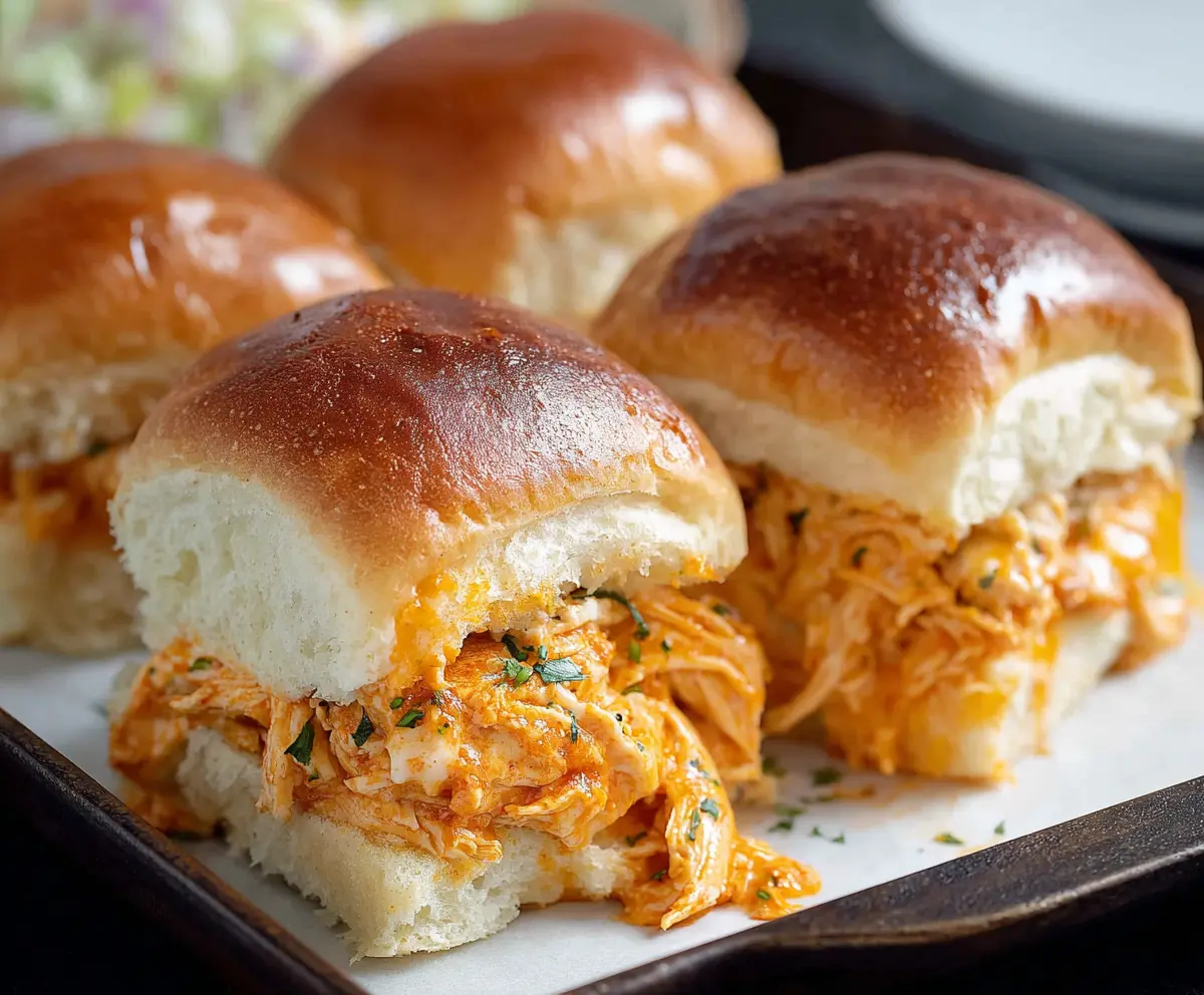 Delicious Fiery Buffalo Chicken Sliders Bake with spicy chicken and melted cheese on soft buns.