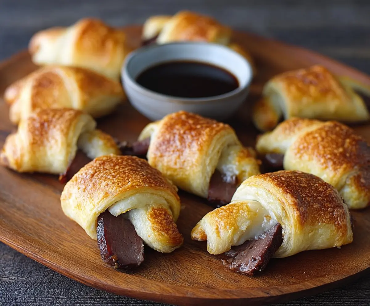Delicious French Dip Crescents with tender sliced beef and melted cheese in flaky crescent rolls.