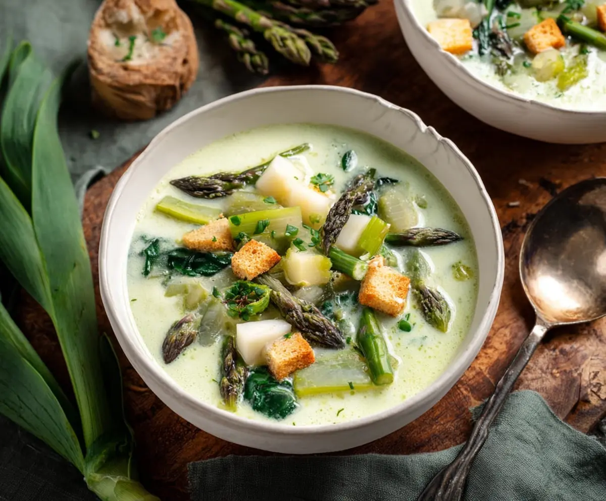 Delicious French Spring Soup with fresh vegetables and herbs in a rustic bowl