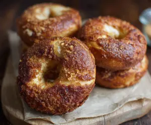 Delicious French Toast Bagels topped with powdered sugar and fresh berries.