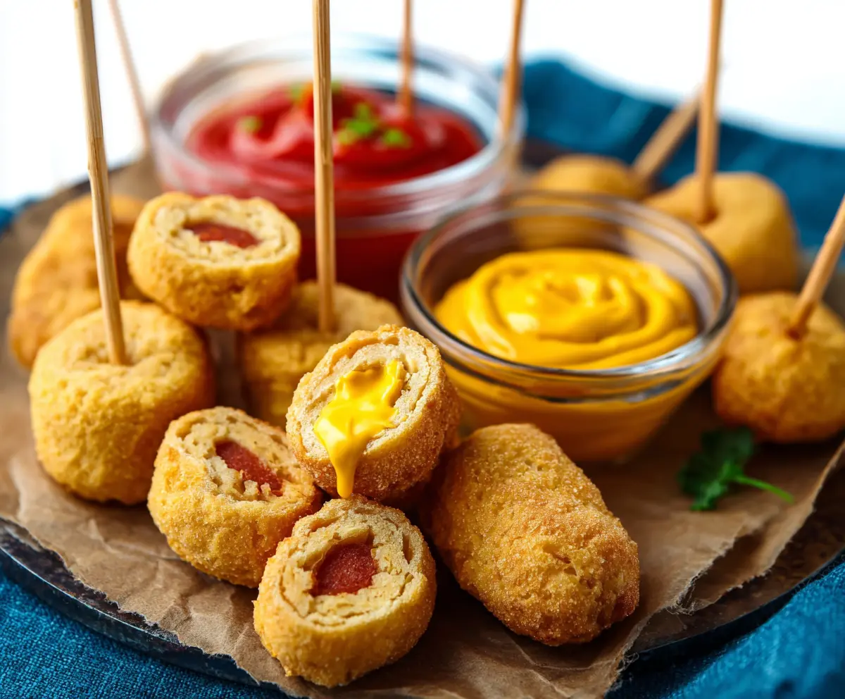 Vegan corndog bites perfect for game day snacking with golden crispy coating.