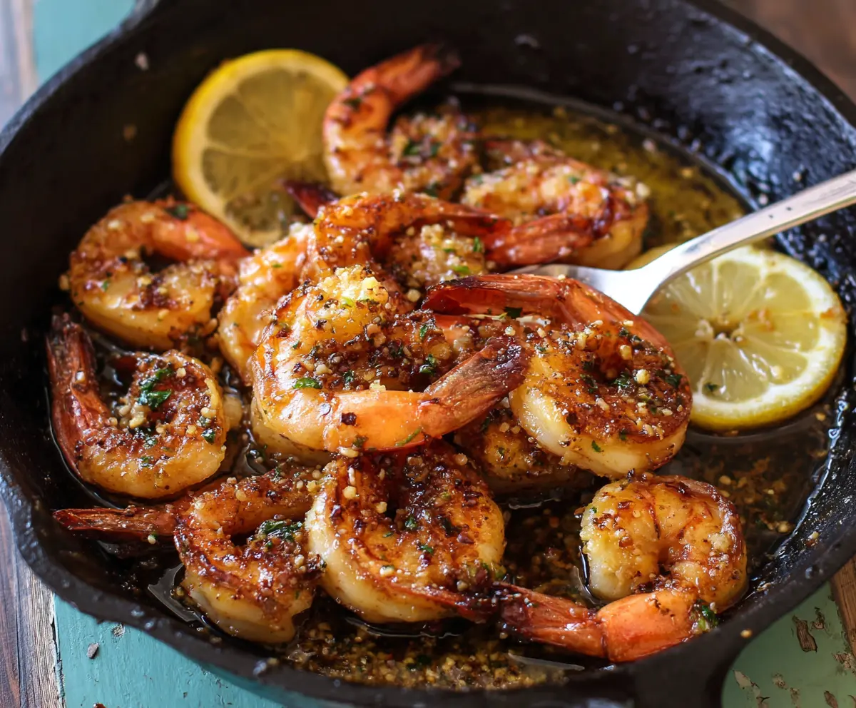 Delicious Garlic Butter Lemon Shrimp served on a plate with fresh herbs