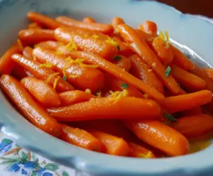 Fresh glazed carrots with orange slices and ginger garnish on a white plate