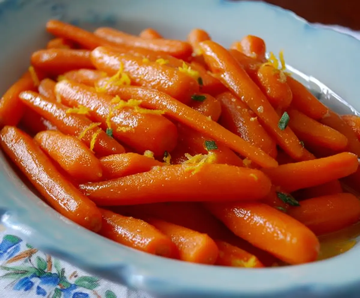 Fresh glazed carrots with orange slices and ginger garnish on a white plate