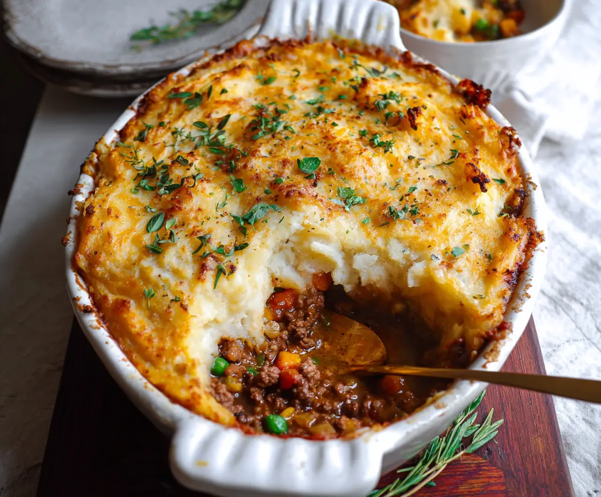 Delicious gluten-free shepherd's pie topped with mashed potatoes and fresh herbs.