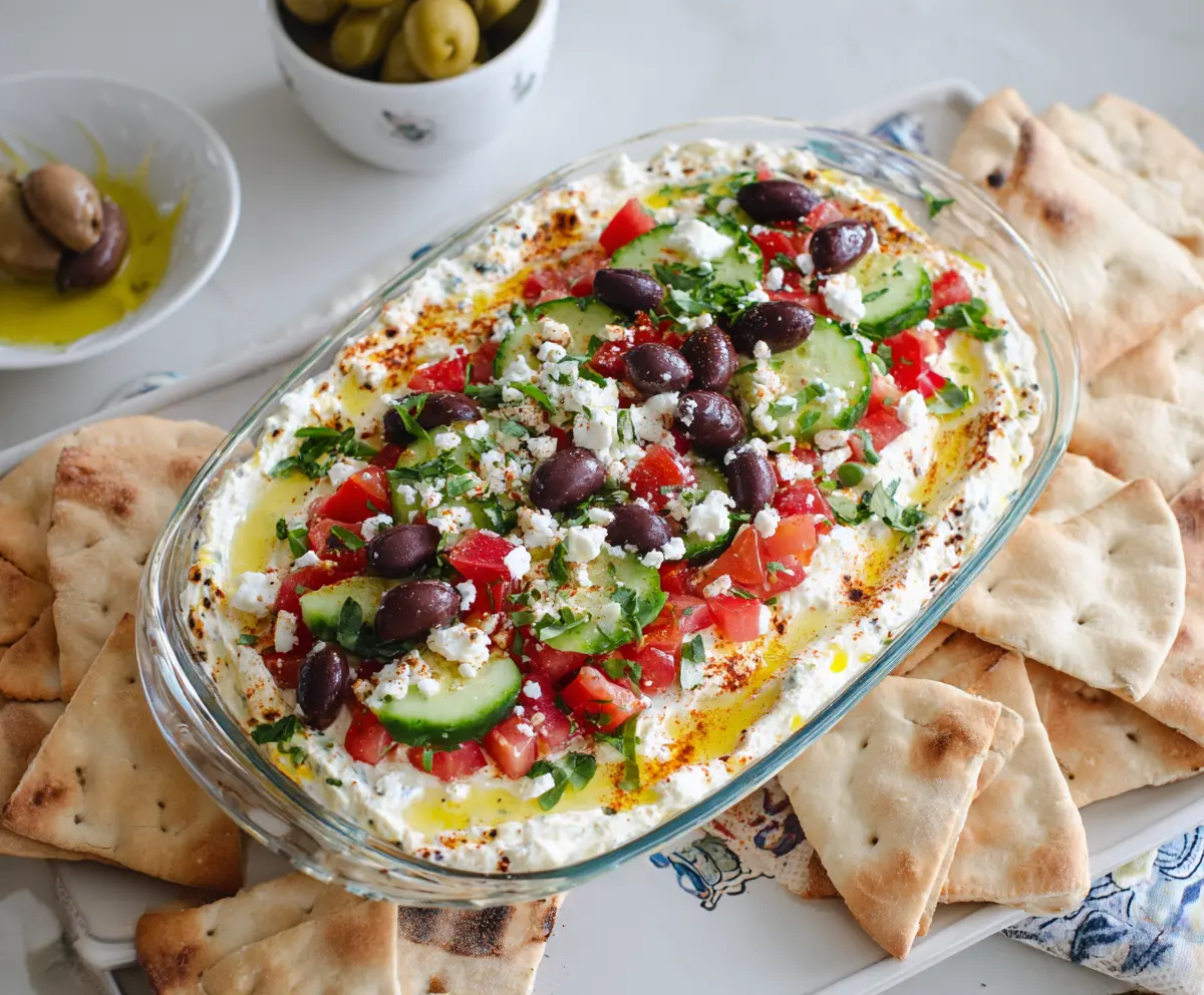 Delicious Greek Layer Dip with hummus, feta cheese, olives, and fresh vegetables in a clear dish.