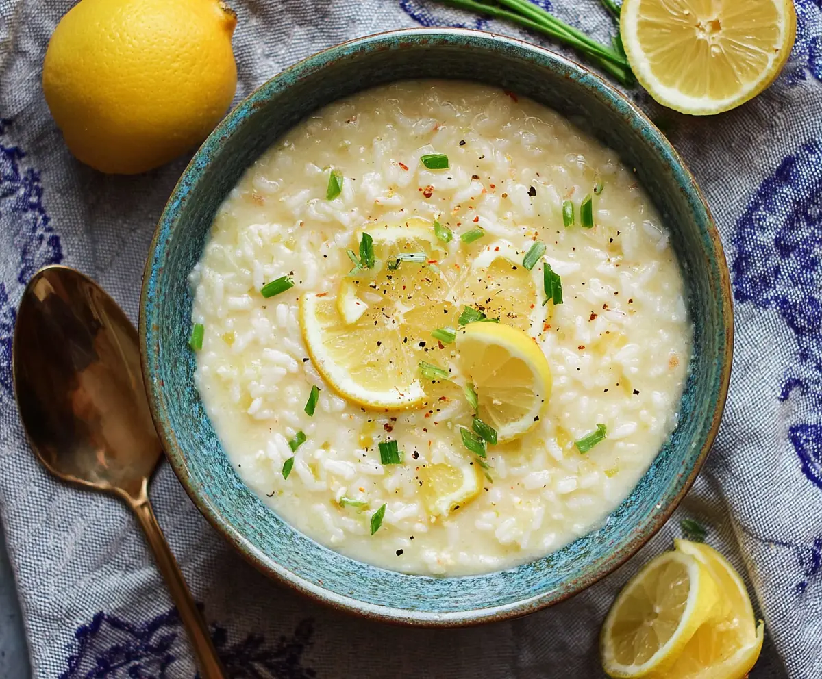 Bowl of Greek Lemon Rice Soup with fresh herbs and lemon slices
