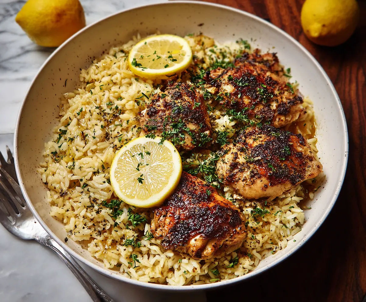 Delicious Greek lemon rice with chicken served on a plate, garnished with fresh herbs.